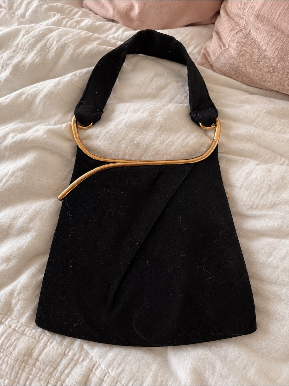 Vintage Black Evening Handbag with Sculptural Gold-Tone Frame & Ring Handle